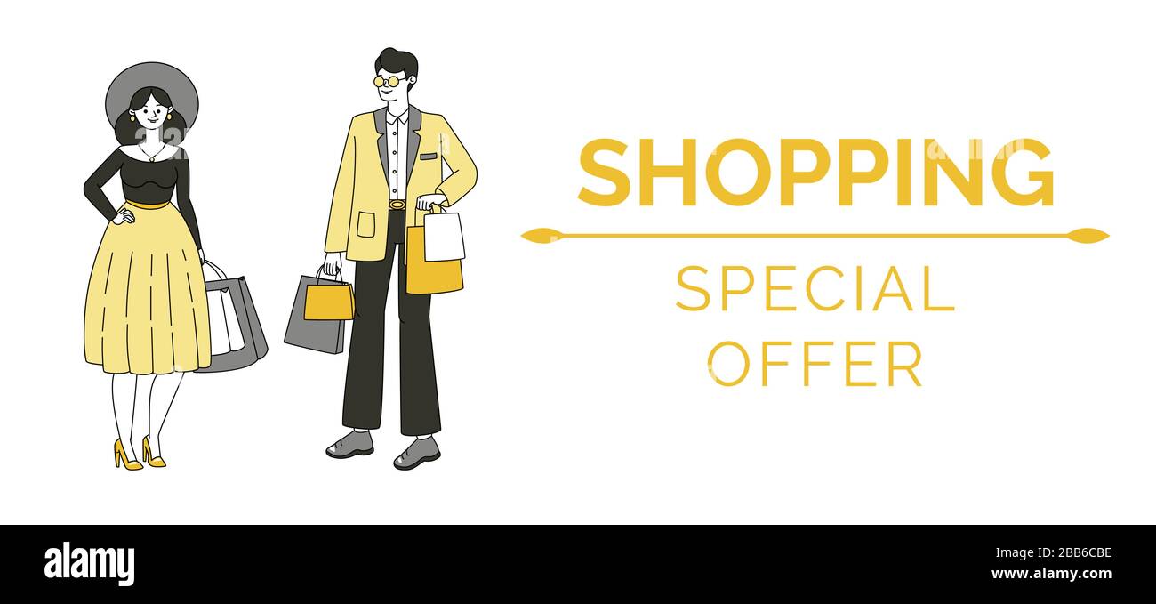 Plantilla de diseño de banner de compras. Hombre y mujer en ropa de moda  llevando bolsas de compras con compras vector contorno ilustración de  dibujos animados. Oferta de temporada, oferta especial concepto