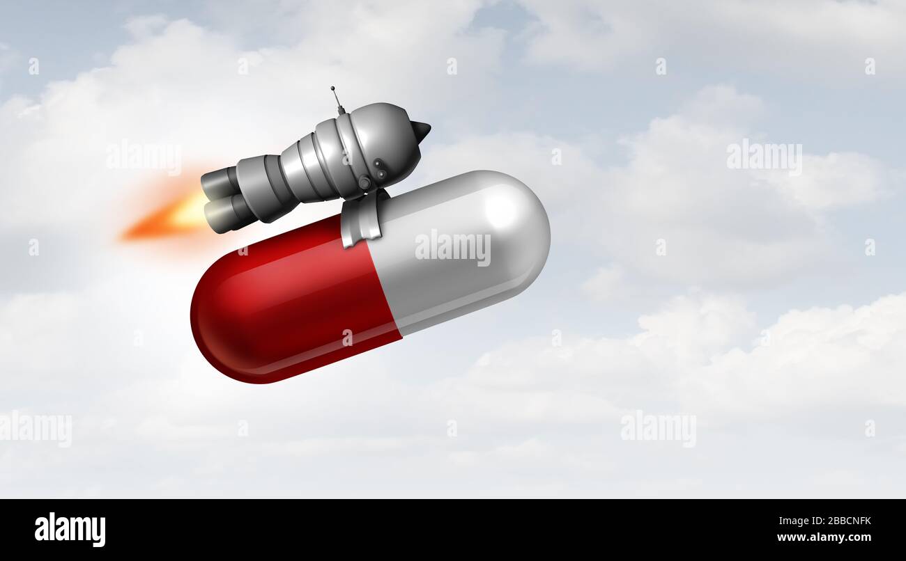 Logística farmacéutica y alivio rápido debido a la medicina y el tratamiento de medicamentos como un símbolo de salud para la curación de medicamentos con receta. Foto de stock