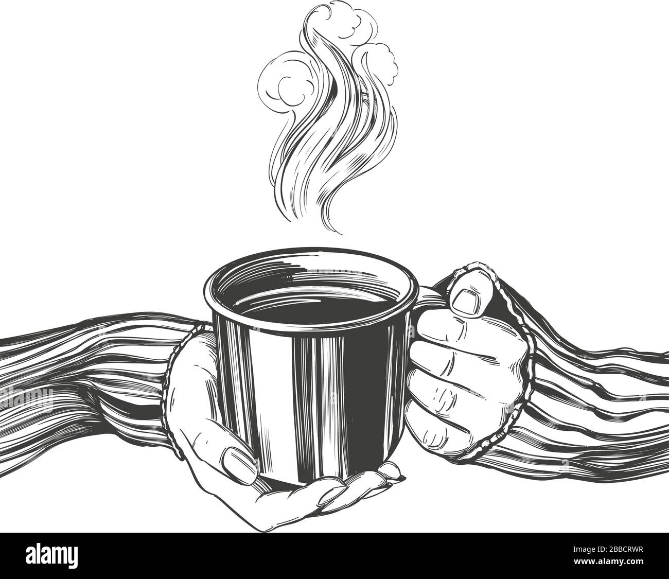 Manos de una niña sosteniendo una taza de café, té, Buenos días aislados sobre fondo blanco dibujado a mano ilustración vectorial esbozo realista. Ilustración del Vector