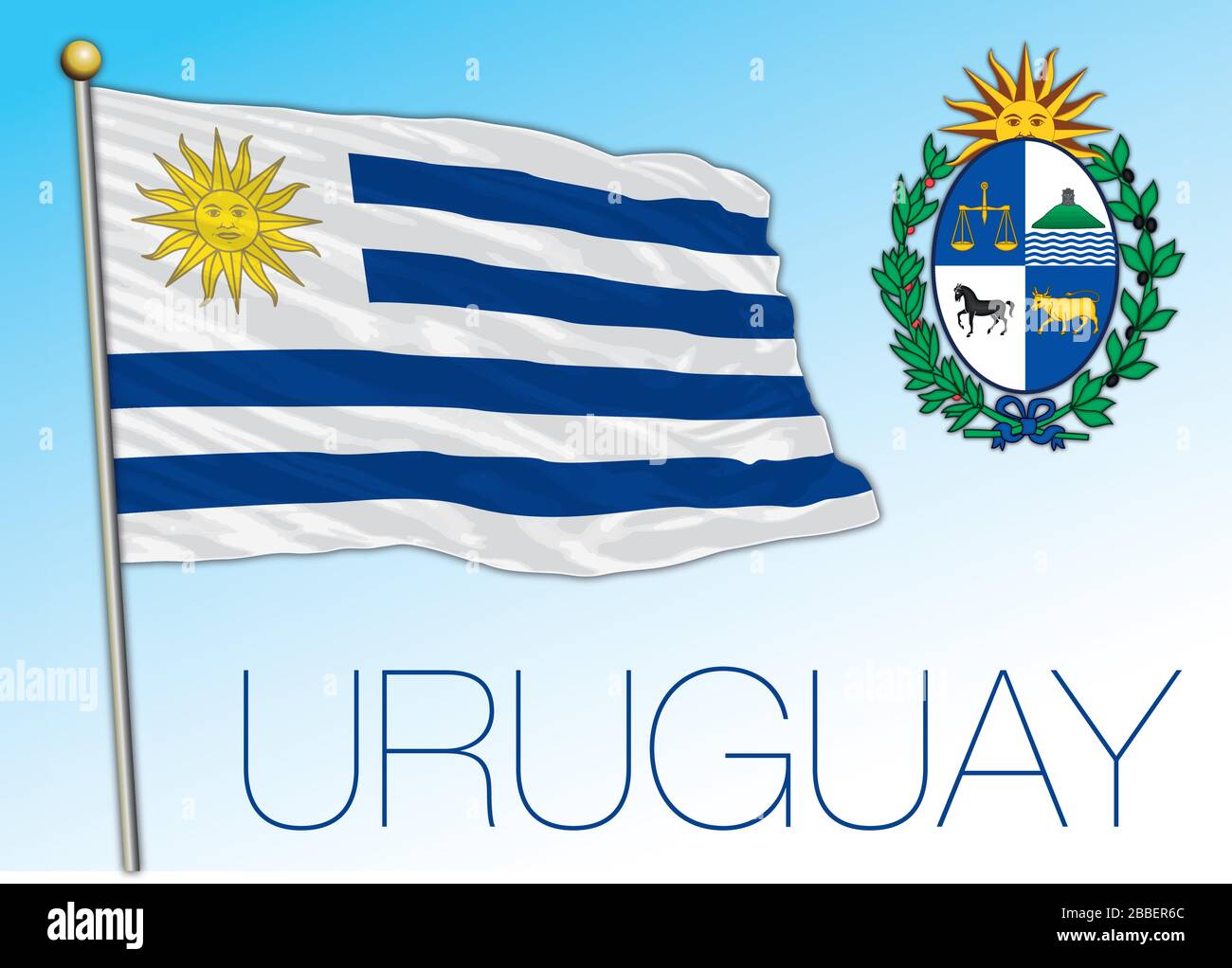 Uruguay bandera nacional oficial y escudo de armas, américa del Sur