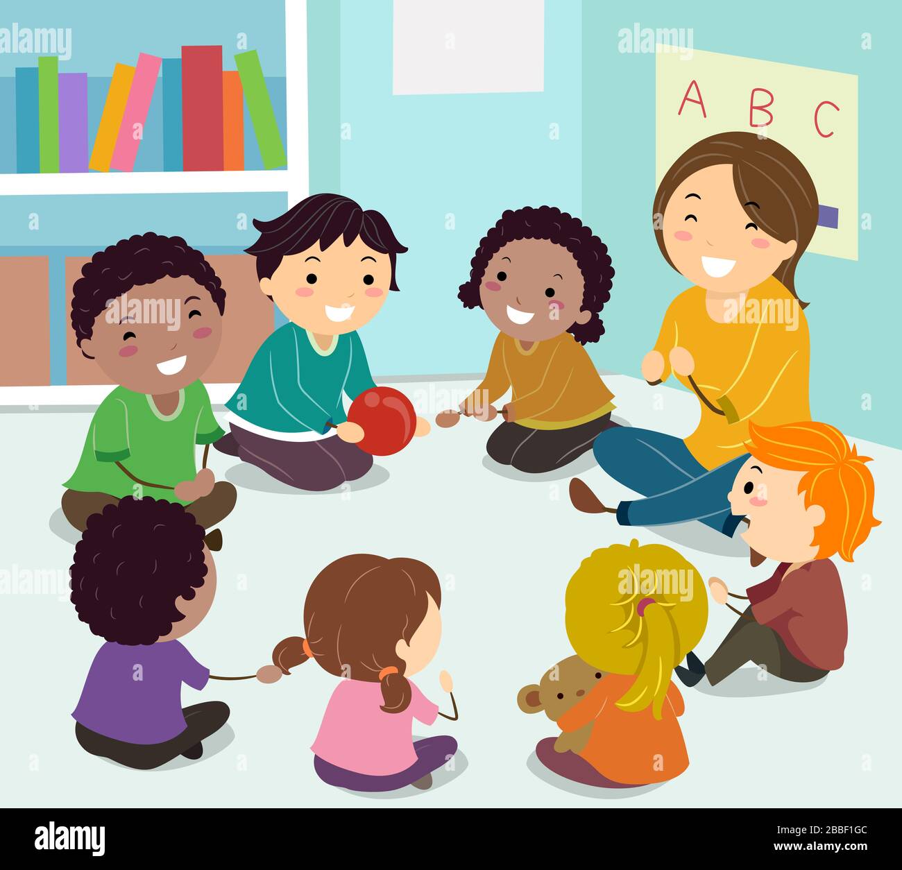 Ilustración de los niños Stickman sentados en un círculo con una