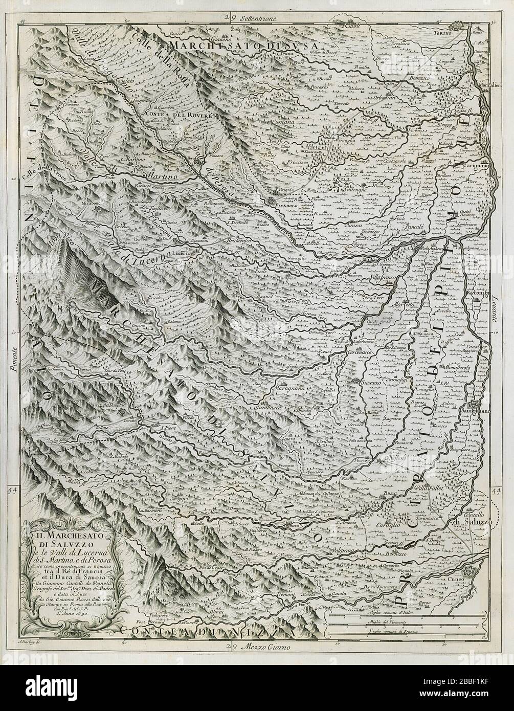 Il Marchesato di Saluzzo... Sudoeste de Piamonte. MAPA DE ROSSI / CANTELLI 1690 Foto de stock
