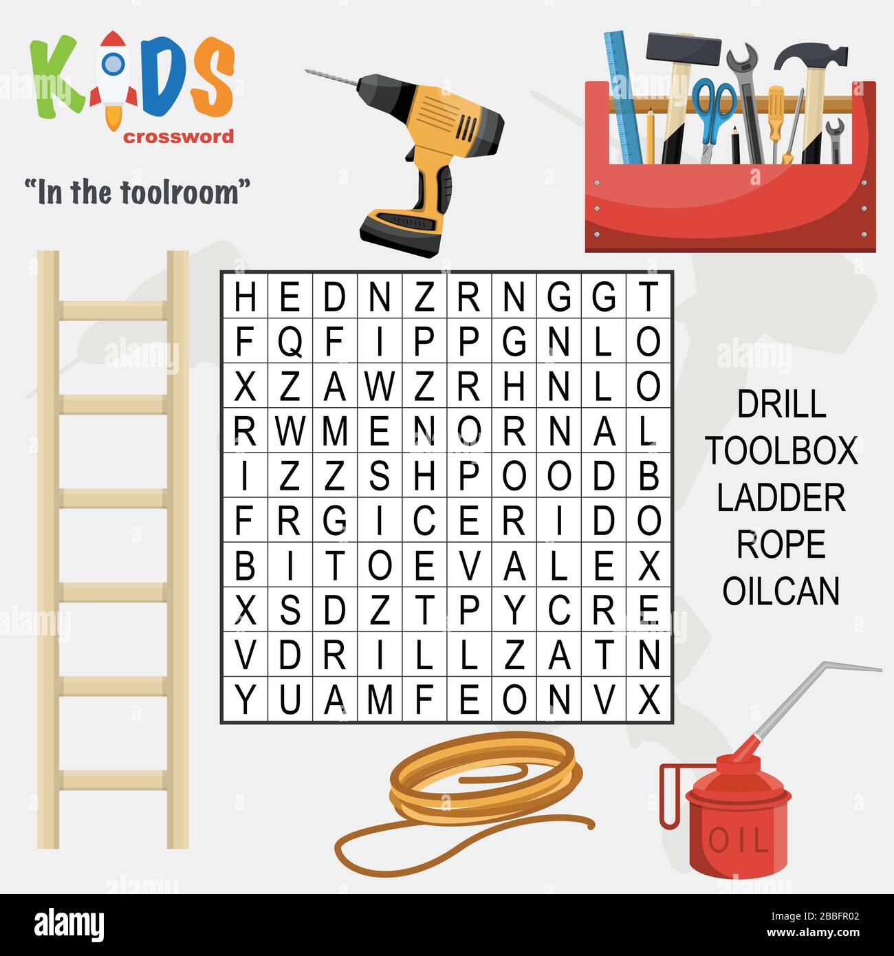 Búsqueda sencilla de palabras crucigrama 'en la sala de herramientas', para  niños en la escuela primaria y media. Forma divertida de practicar la  comprensión del lenguaje y la expa Imagen Vector de