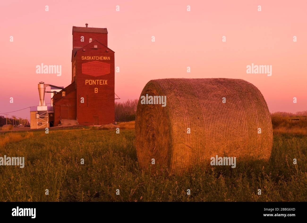 Balas redondas de alfalfa y elevador de grano, Ponteix, Saskatchewan, Canadá Foto de stock