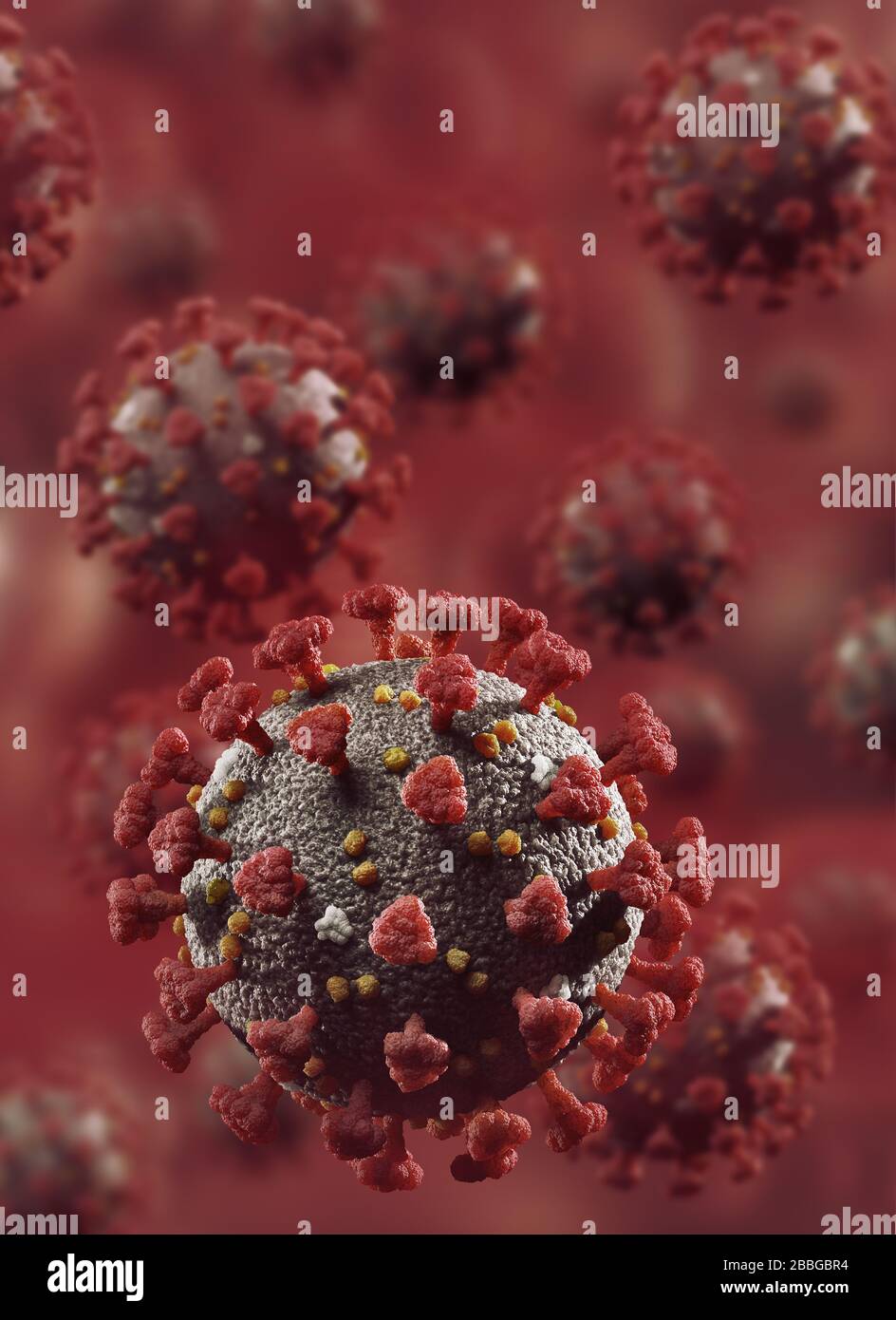 Coronavirus, COVID-19, partículas del virus de la corona, viriones que se multiplican en el flujo sanguíneo rojo. SARS-CoV-2 ilustración artística 3D médica en color. Foto de stock