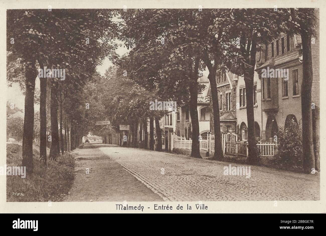 Tarjeta postal entre la ville de Malmedy, de alrededor de 1935, mostrando un carril de árboles con casonas Foto de stock