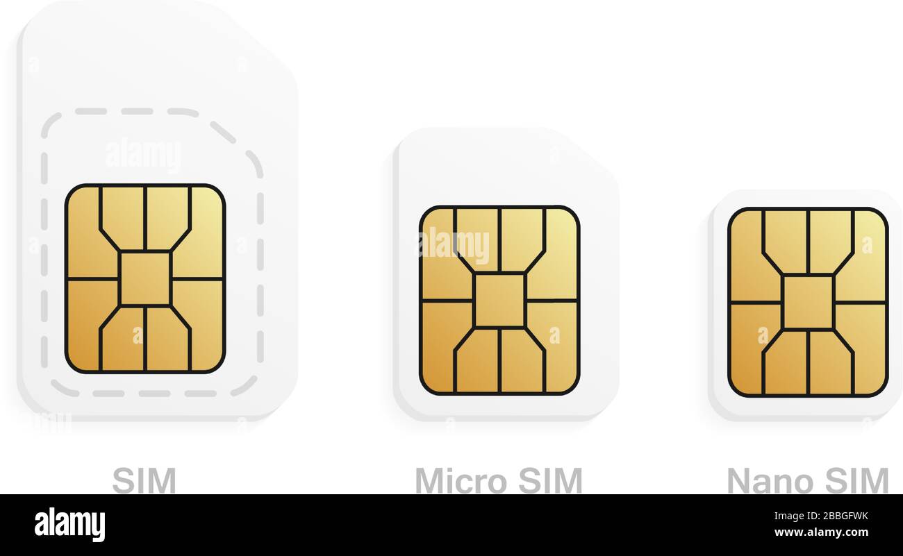 Conjunto de tipos de tarjetas sim móviles. Tarjeta de teléfono móvil -  normal, Micro, Nano Imagen Vector de stock - Alamy