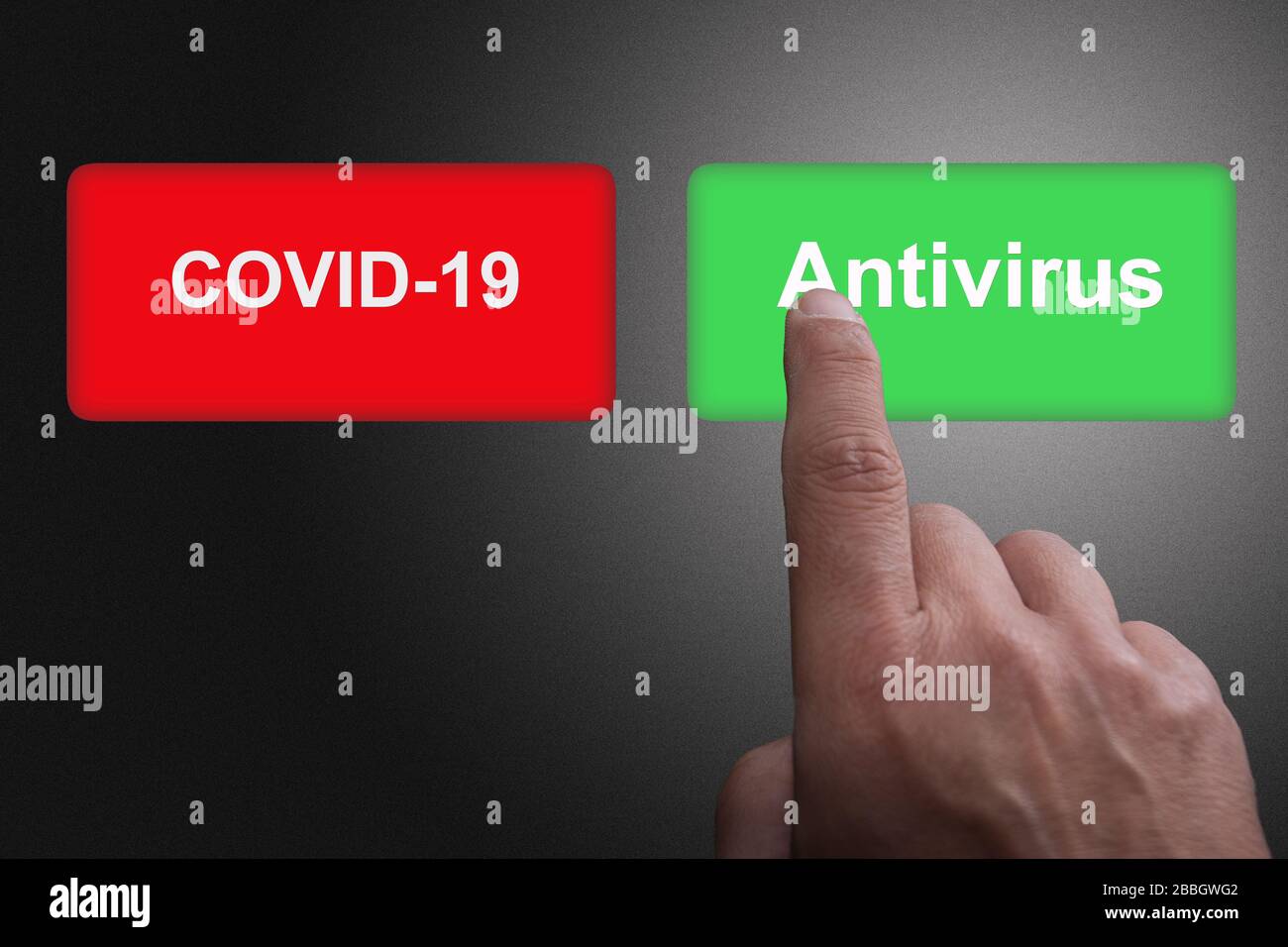 COVID-19 descubrimiento de la vacuna del virus o concepto de éxito de la investigación de anticuerpos, botones rojos y verdes con Covid-19 y texto antivirus Foto de stock