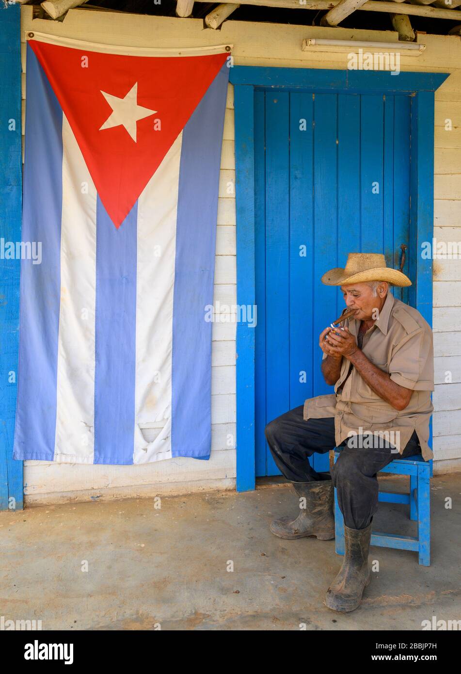 Trabajadores agrícolas con bandera cubana, en granja orgánica, Vinales, Provincia de Pinar del Río, Cuba Foto de stock