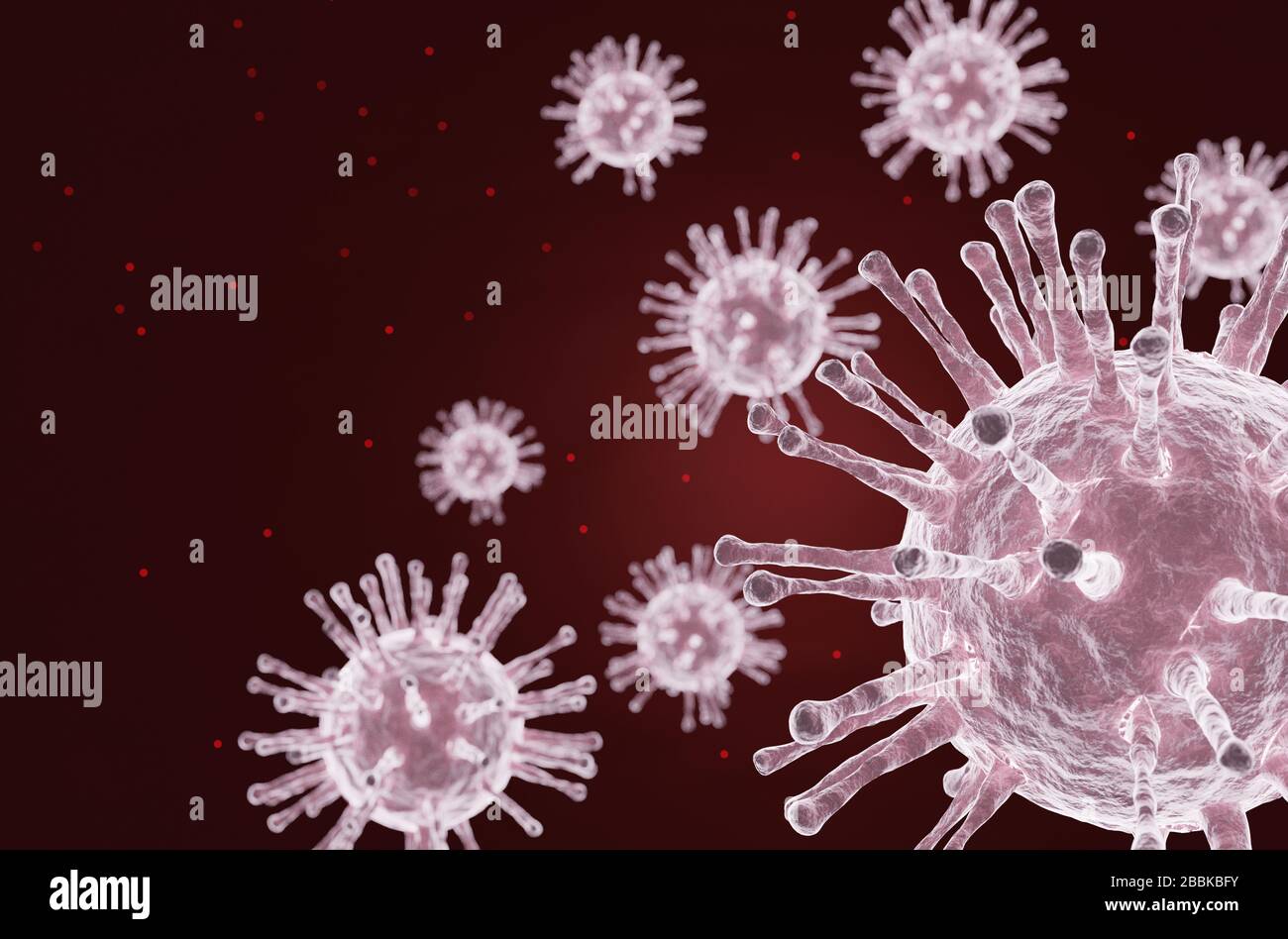Imagen 3D de las células del virus de la corona o covid19 dentro del cuerpo. Este peligroso virus se parece a una corona. La epidemia comenzó de China al wor Foto de stock