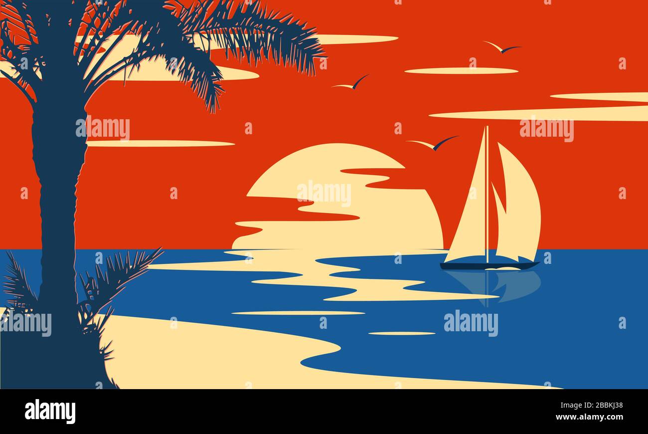 Puesta de sol o amanecer en el mar tropical con palmeras y yates. Paisaje natural y paisaje marino. Ilustración del Vector