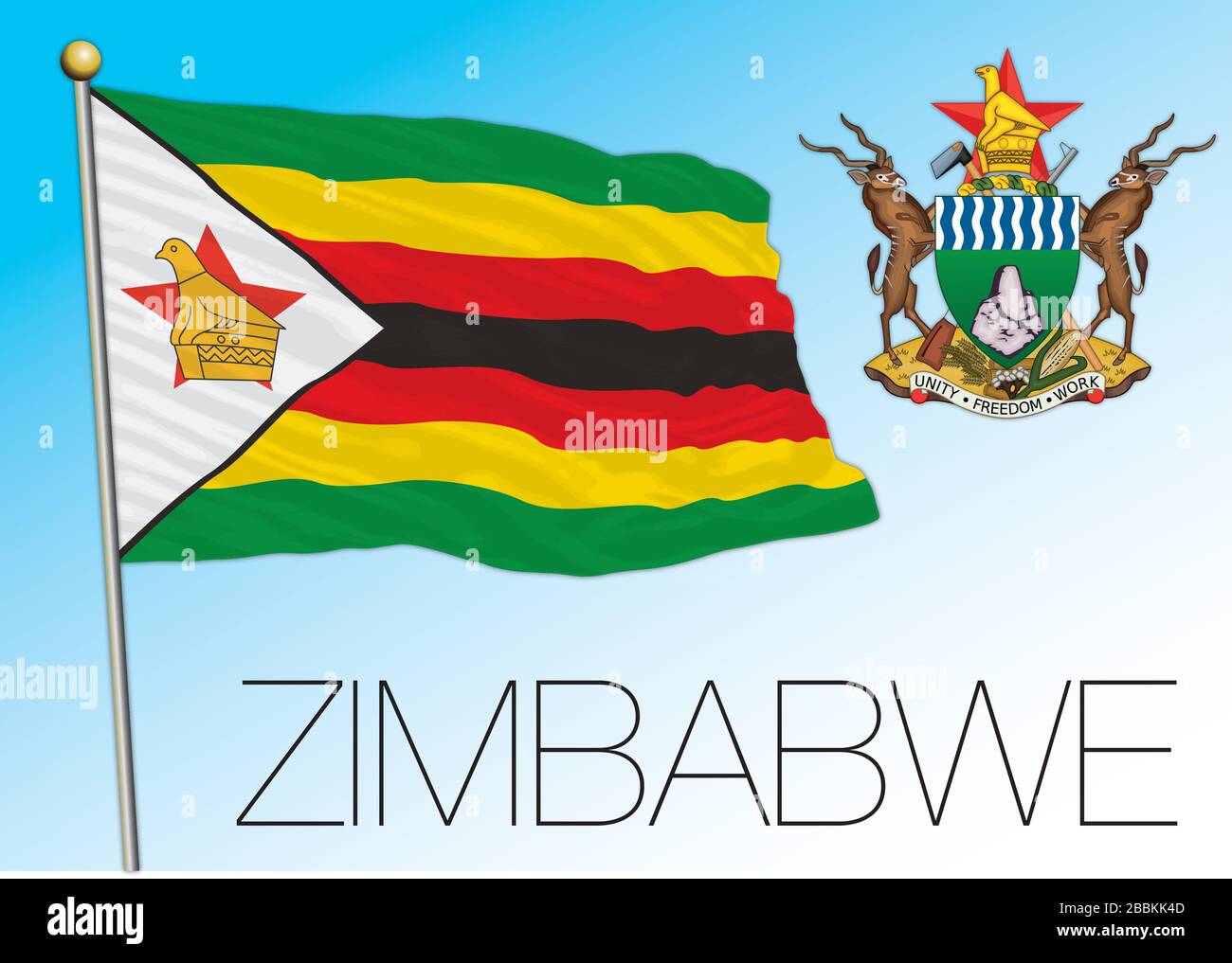 Zimbabwe bandera nacional oficial y escudo de armas, país africano, ilustración vectorial Ilustración del Vector