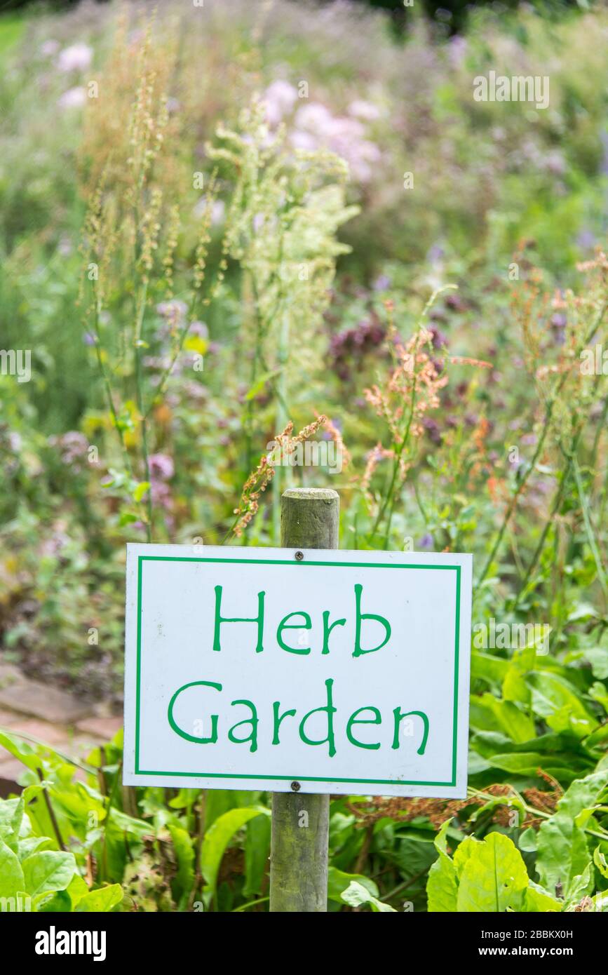 Jardín Inglés del país, signo del jardín de hierbas en un jardín natural de hierbas. Inglaterra, Reino Unido Foto de stock