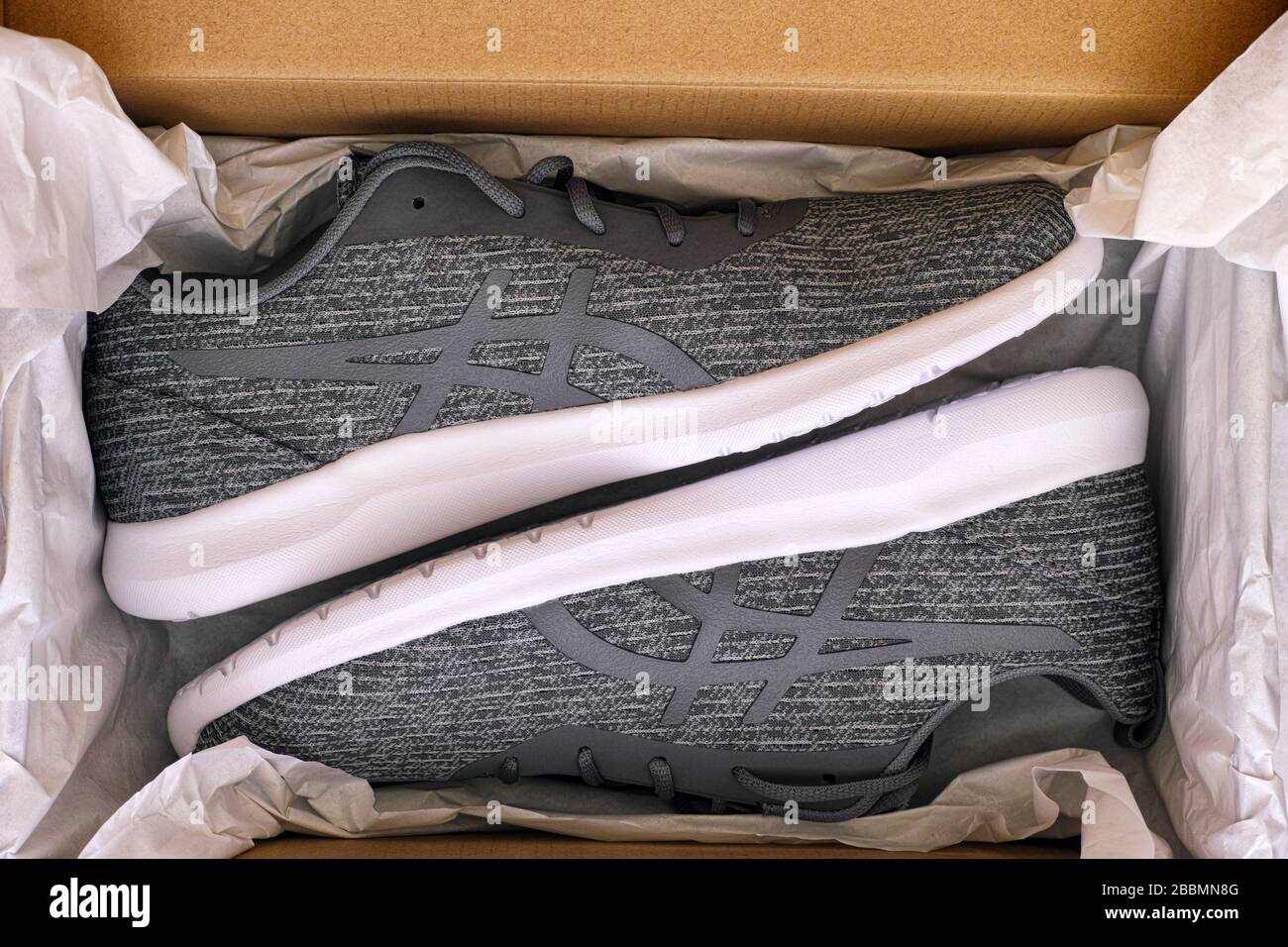 Tambov, Federación - de abril 2019 nuevos zapatos de running de color gris Asics en caja de stock - Alamy
