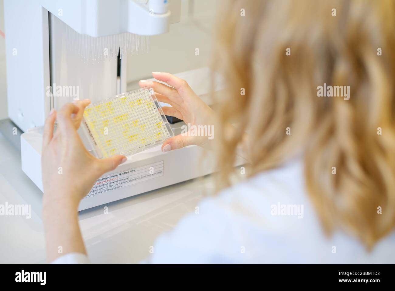 Brunswick, Alemania. 1 de abril de 2020. La científica Katharina Kleilein utiliza una reacción de color en el laboratorio de la empresa de ciencias biológicas Yumab para comprobar si los anticuerpos de una placa Elisa se han ligado a un antígeno. La empresa de puesta en marcha realiza investigaciones sobre el desarrollo de anticuerpos humanos y, por lo tanto, está tratando de desarrollar fármacos contra Covid-19. Crédito: OLE Spata/dpa/Alamy Live News Foto de stock