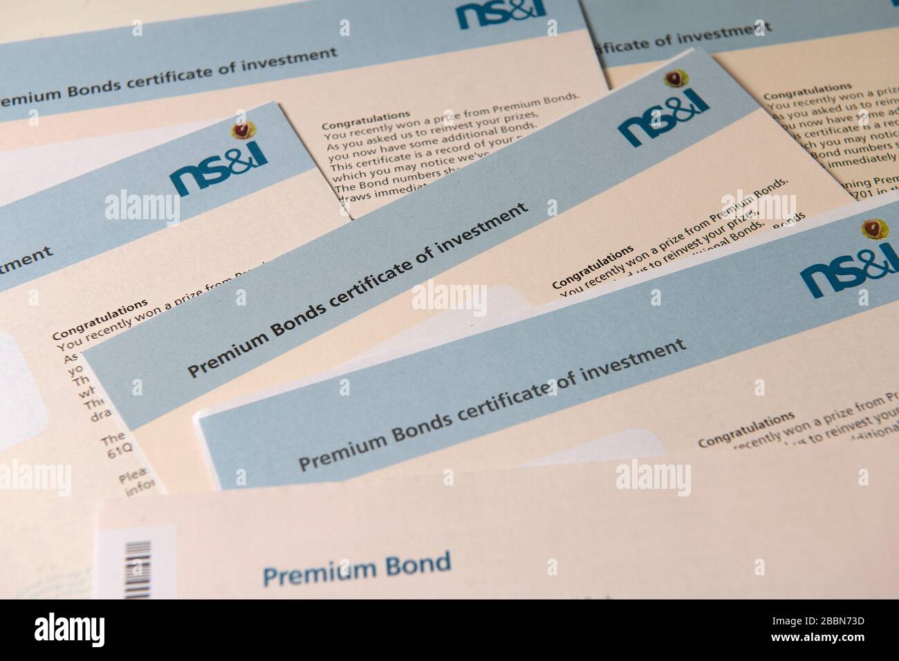 Bonos Premium ganadores certificados de reinversión de NS&I, Reino Unido Foto de stock