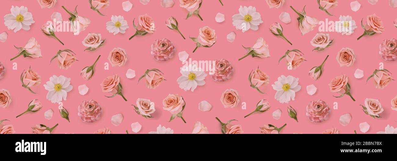 Patrón floral hecho de flores rosadas y rosebuds. Plano, vista superior. San Valentín fondo. Fondo de flores. Banner de flores. Patrón de flores Foto de stock
