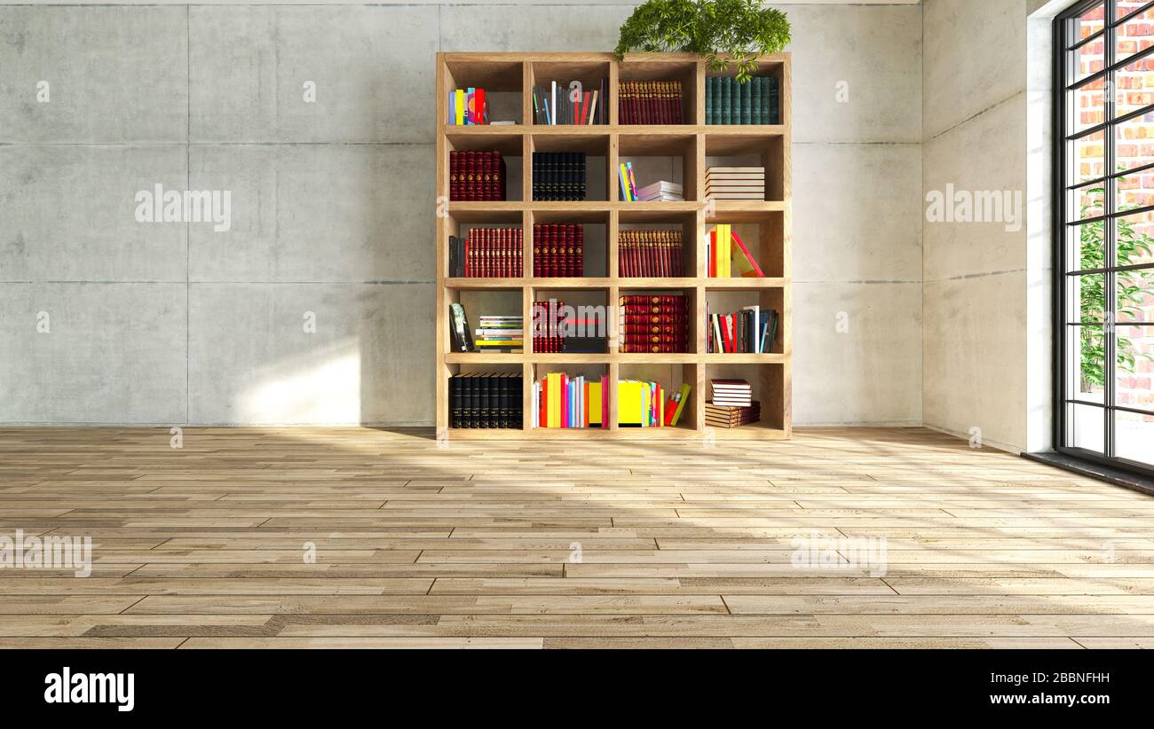 Estanteria Personal De Madera En Habitacion Vacia Con Paredes De Concreto Reflejo De La Luz Del Sol En La Habitacion Cubierta Con Parquet De Madera De Fondo 3d Rendering Fotografia De Stock