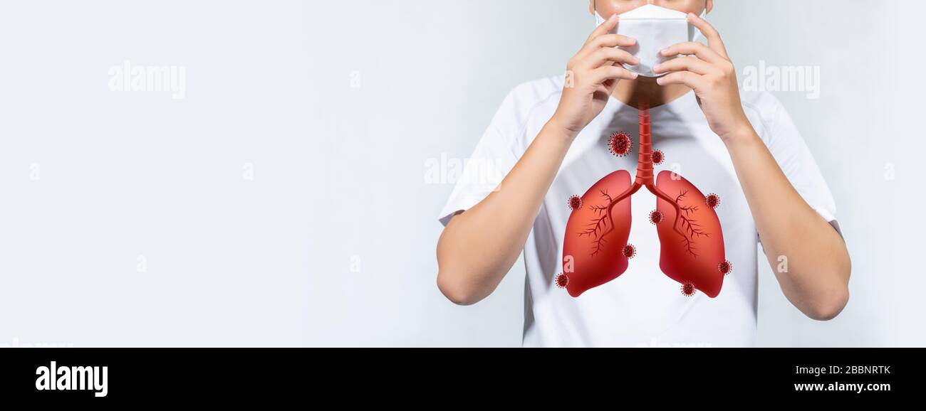 Las personas que usan una máscara con un pulmón conectado al virus de la Corona están tosiendo sobre un fondo blanco Foto de stock