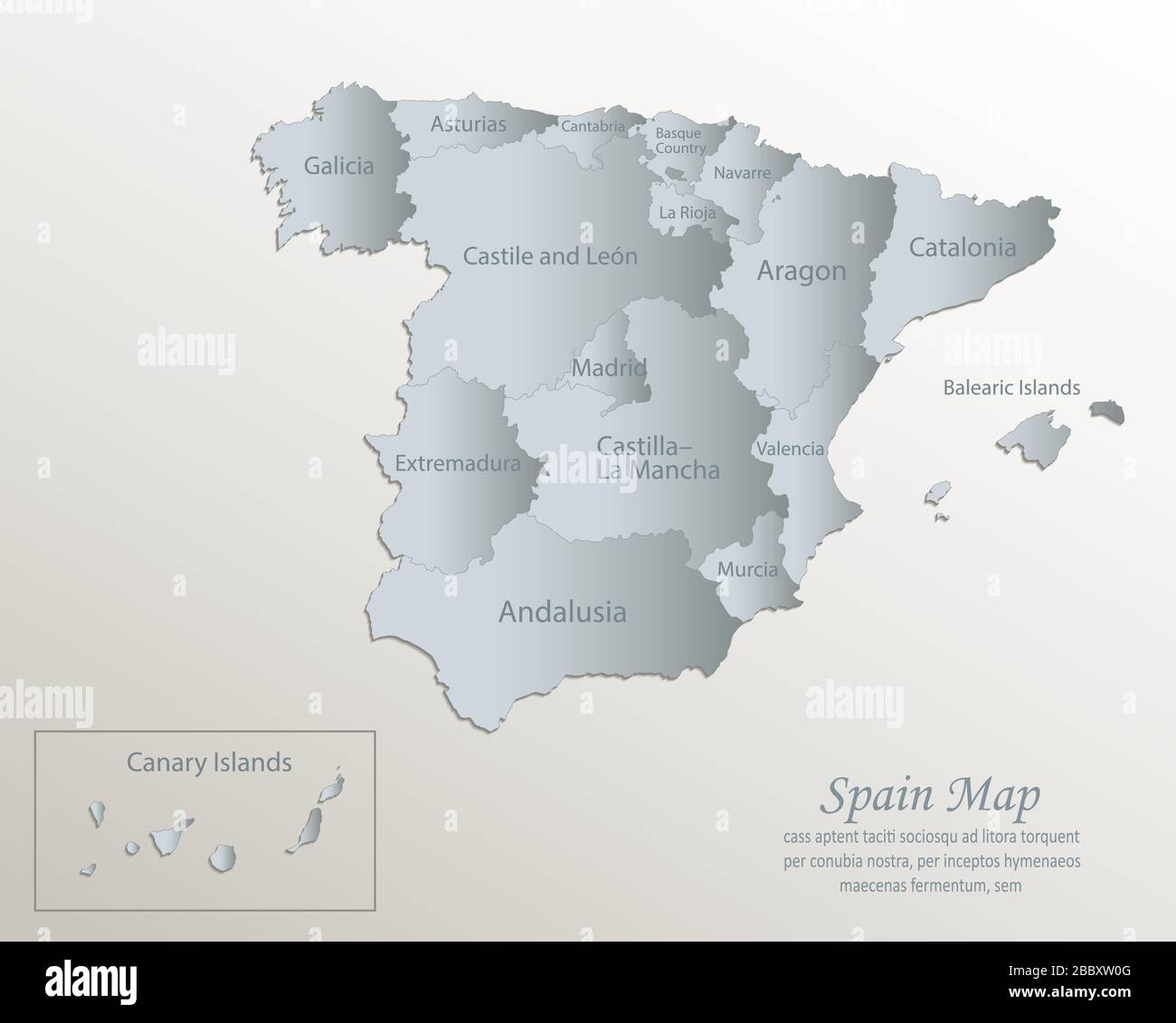Mapa de España, división administrativa con nombres, blanco papel azul tarjeta 3D vector Ilustración del Vector