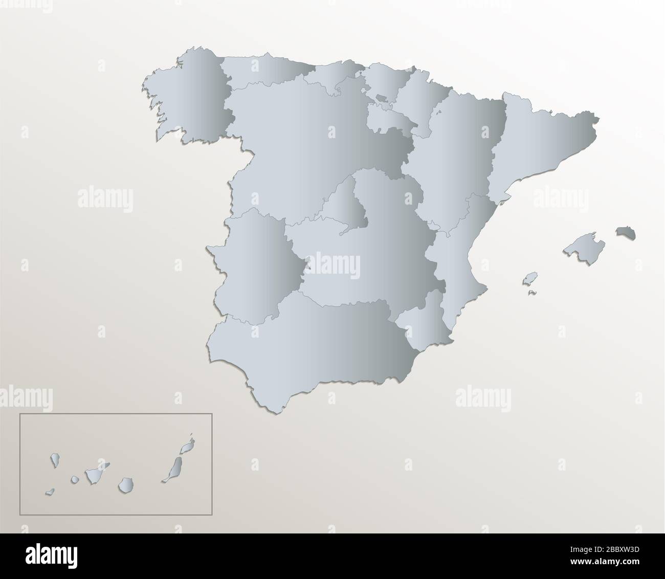 Mapa de España, división administrativa, papel de tarjeta azul blanco 3D en blanco Foto de stock