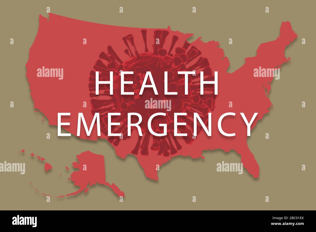 Concepto de emergencia de salud debido al coronavirus o brote de covid-19 en EE.UU. Mostrando con américa mapa y 3d de antecedentes de virus renderizados Foto de stock