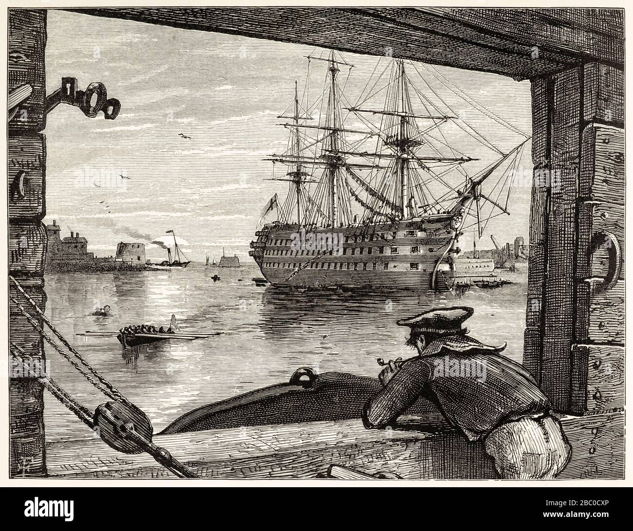 Grabado antiguo del siglo XIX del buque insignia HMS Victory de Horatio Nelson en el puerto Foto de stock