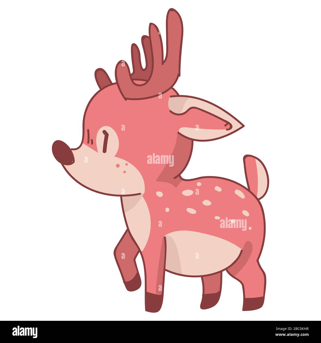 Dibujo de animales de ciervo de dibujos animados de kawaii rosa. Rosa girly  doe con corona de flores. Estilo de fideos dibujados a mano infantil. Para  la decoración del bebé del cuarto