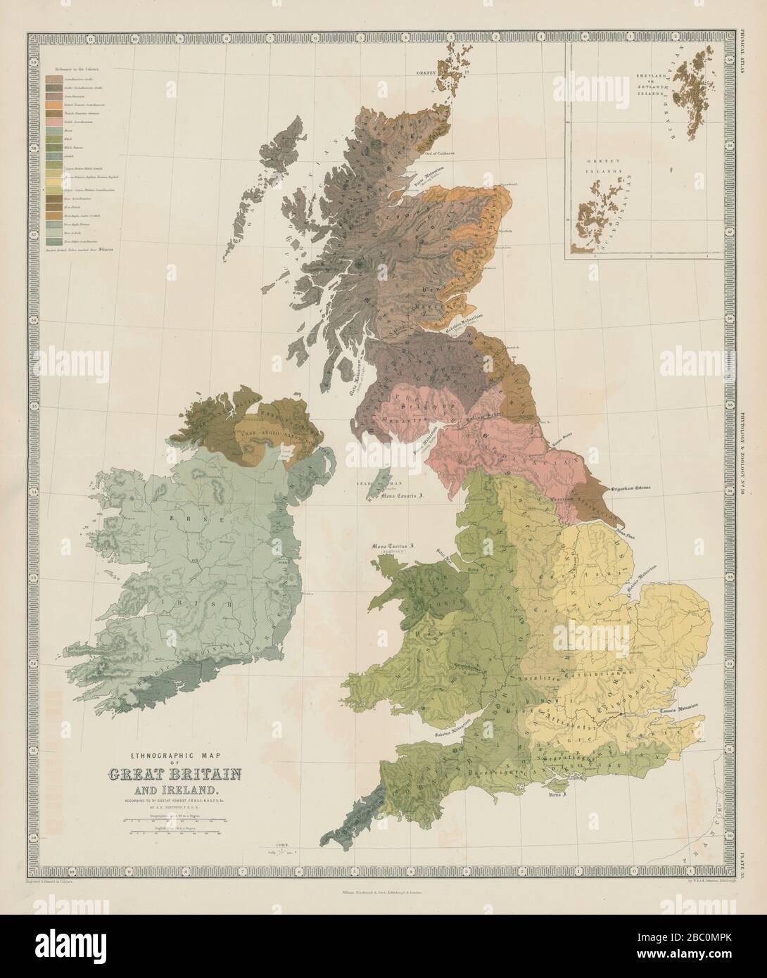 Mapa etnográfico de Gran Bretaña e Irlanda. Etnias. JOHNSTON 1856 Foto de stock