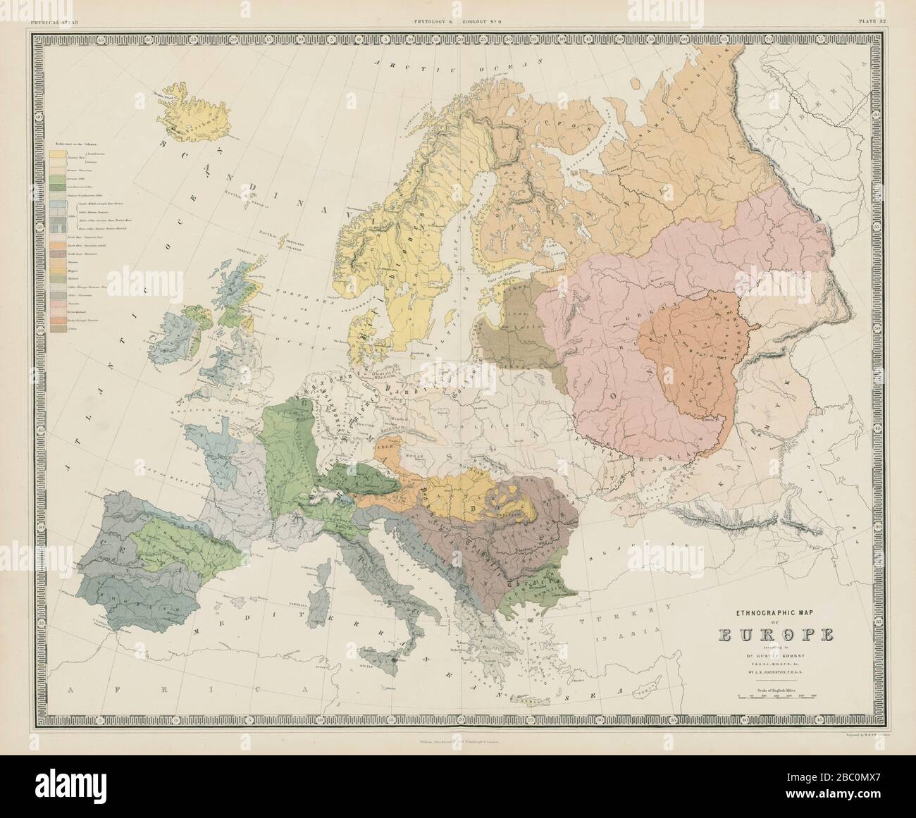 Mapa etnográfico de Europa. Etnias. JOHNSTON 1856 antigua carta de antigüedades Foto de stock