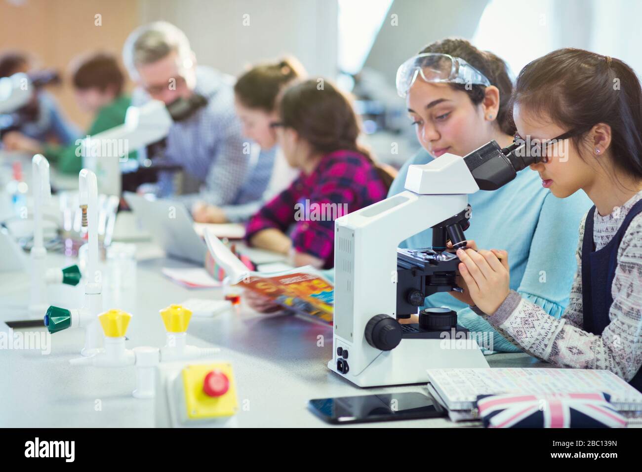 Niñas estudiantes usando microscopio, realizando experimentos científicos en el aula de laboratorio Foto de stock