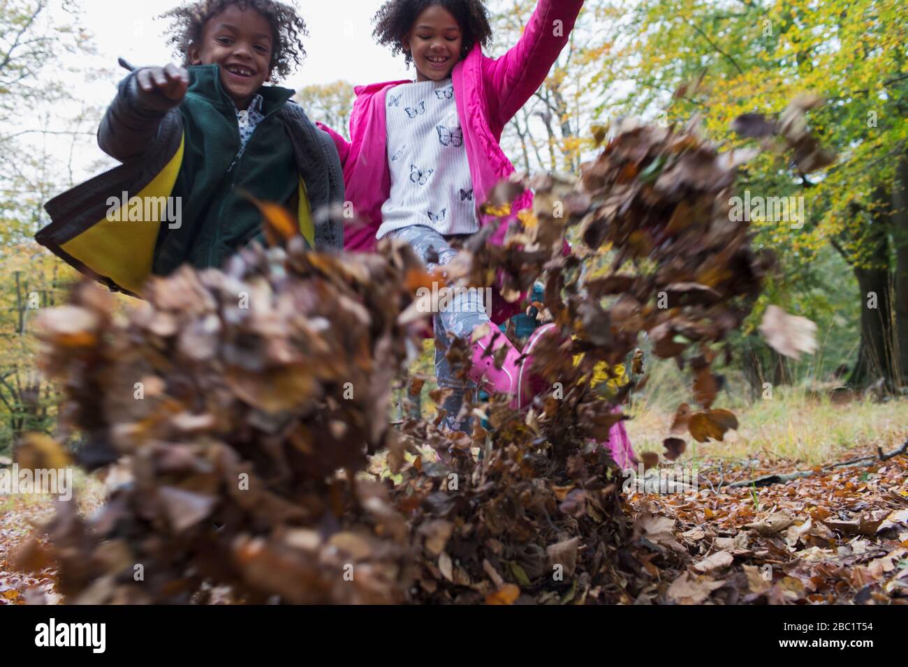 Juguetón hermano y hermana pateando hojas de otoño Foto de stock