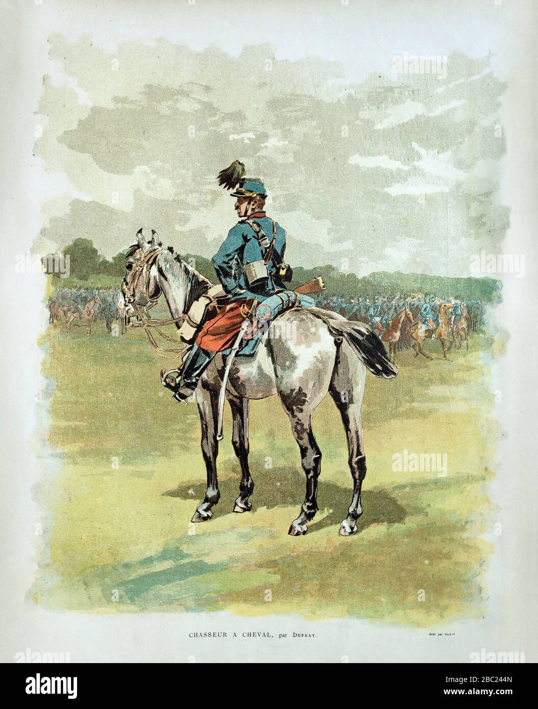 Ilustración de un oficial de caballería de Luz francés titulado 'Chasseur à cheval' de Dupray y grabado por Millot publicado a finales del siglo XIX. Foto de stock