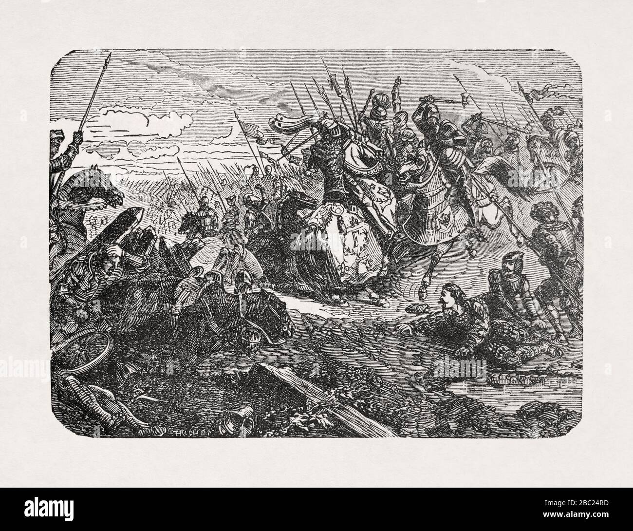 Antigua ilustración de 'Trichon' sobre Francisco I de Francia en la batalla de Marignan impreso a finales del siglo 19. Foto de stock