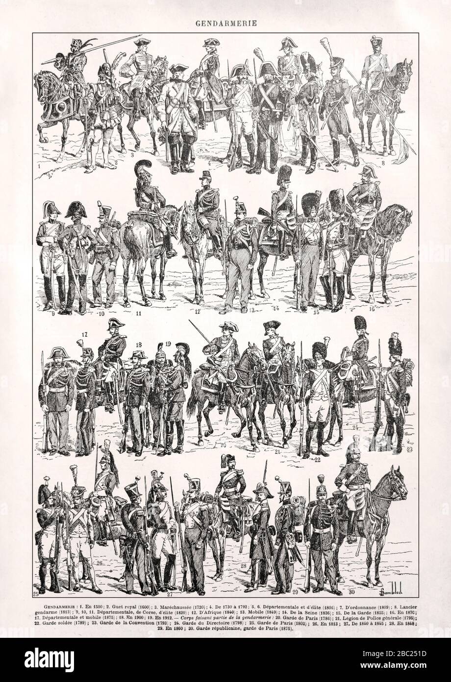 Antigua ilustración de la gendarmería francesa del siglo XVI a finales del XIX por Bombled. Foto de stock