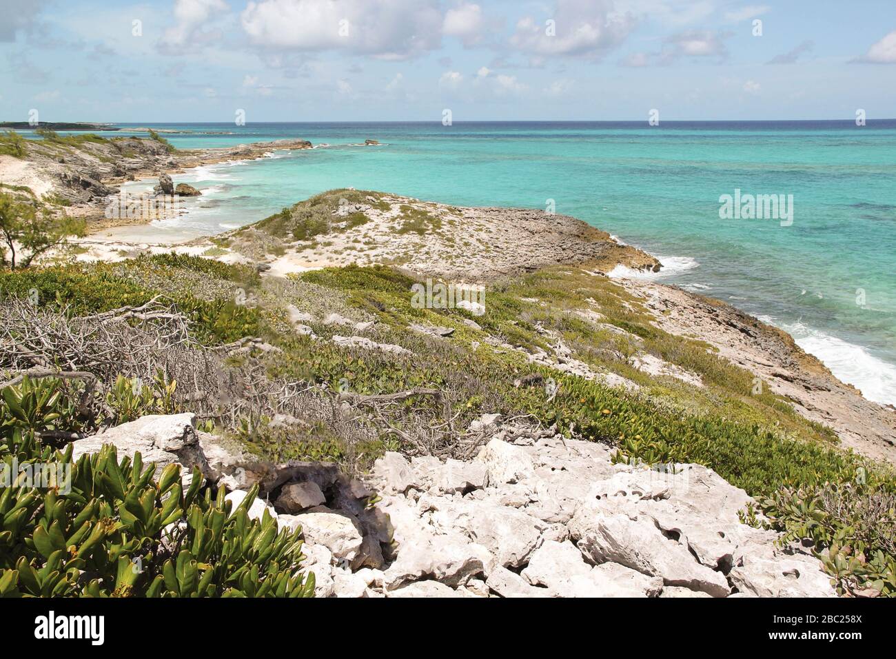 Vista increíble de las aguas turquesas del océano Atlántico y cielo azul con nubes blancas. Bahamas. Hermoso fondo natural. Foto de stock