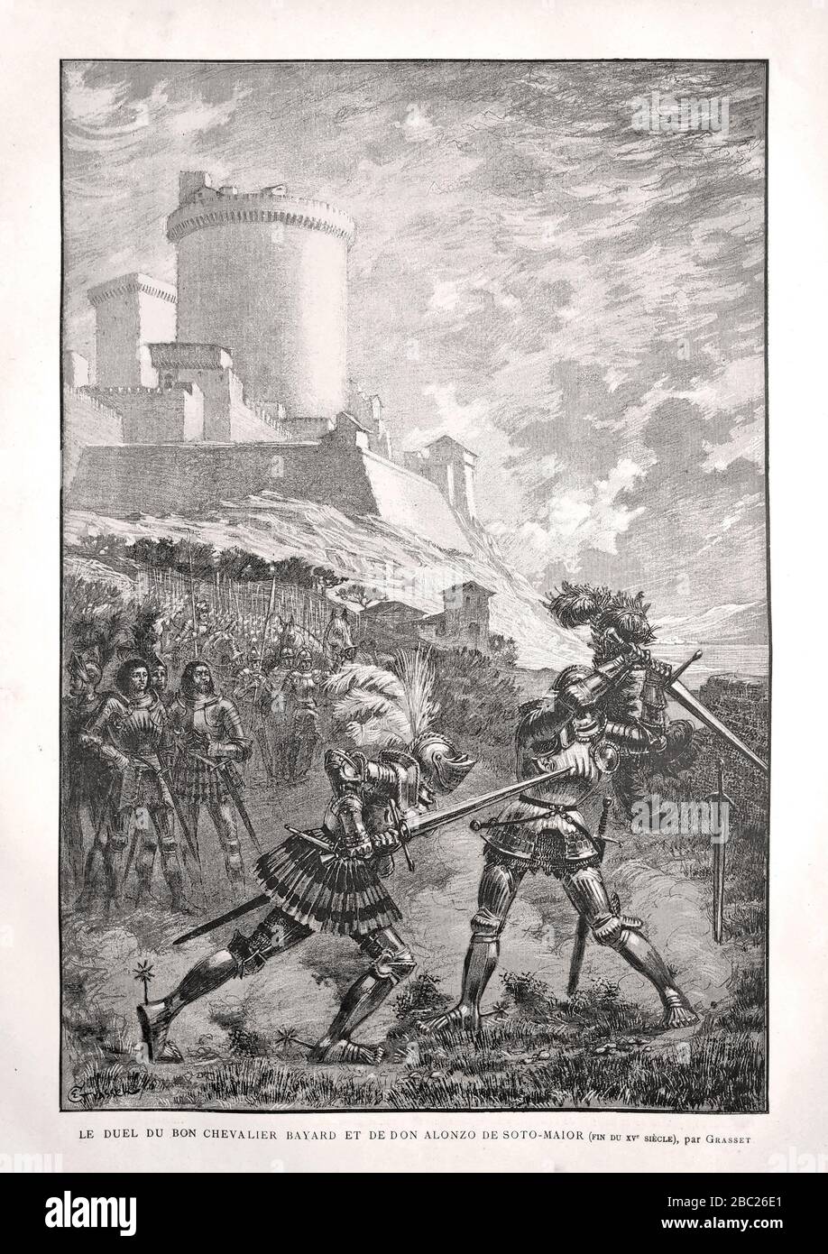 Antigua ilustración del duelo del caballero Bayard y Don Alonzo de Soto-Maior titulado. Foto de stock