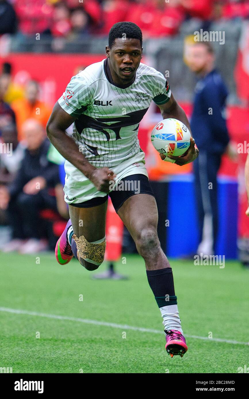 Vancouver, Canadá. 7 de marzo de 2020. Vincent Onyala #4 de Kenia corre con el balón en el partido #13 Kenia vs Irlanda durante el día 1 - 2020 HSBC World Rugby S. Foto de stock