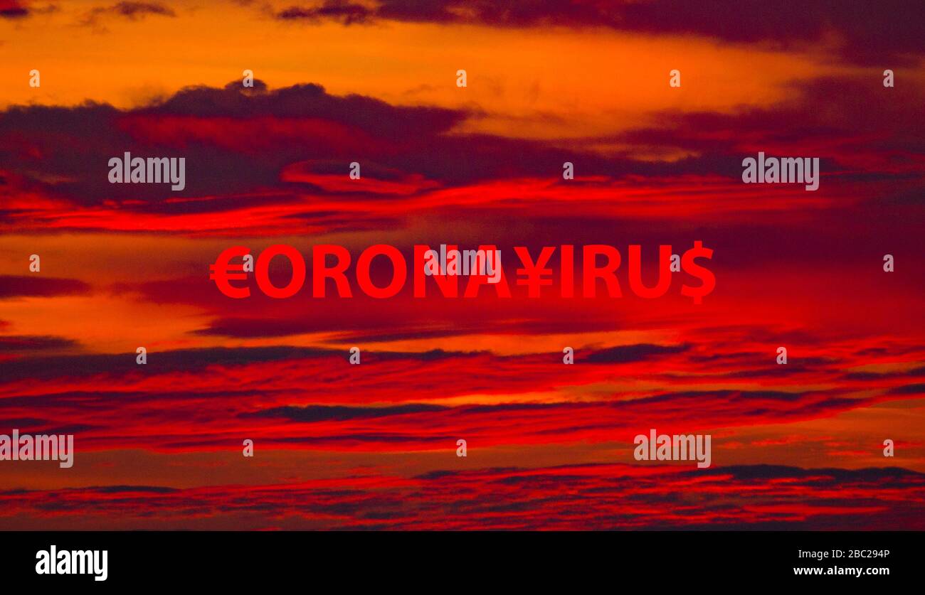 Un concepto para los efectos financieros del brote de Coronavirus con símbolos de Euro, Yuan Chino y dólar Americano. Foto de stock