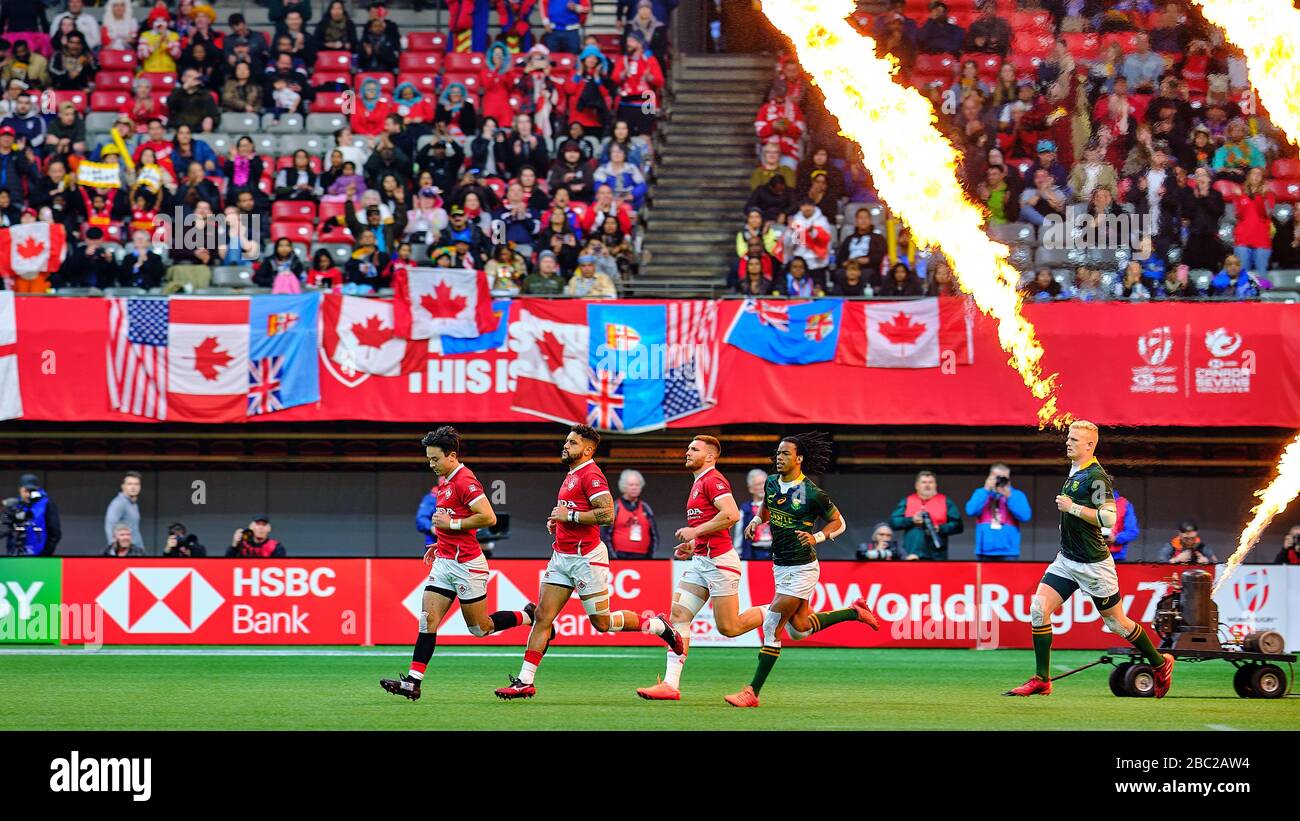 Vancouver, Canadá. 8 de marzo de 2020. Canadá y Sudáfrica se llevan al campo para comenzar su partido #44 (final de Bronce) durante el día 2 - 2020 HSBC World R Foto de stock