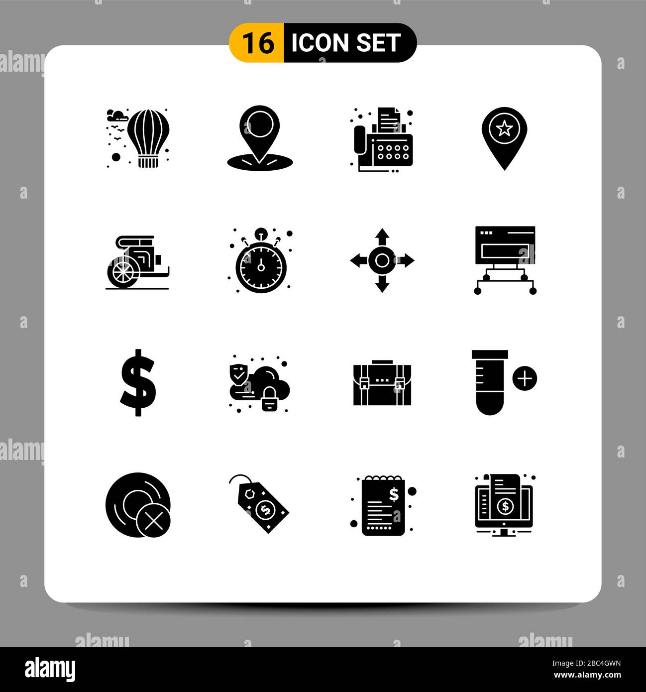 Símbolos de iconos universales Grupo de 16 Glyphs sólidos modernos de elementos antiguos, carruajes, fax, alfiler, mapa de diseño vectorial editable Ilustración del Vector