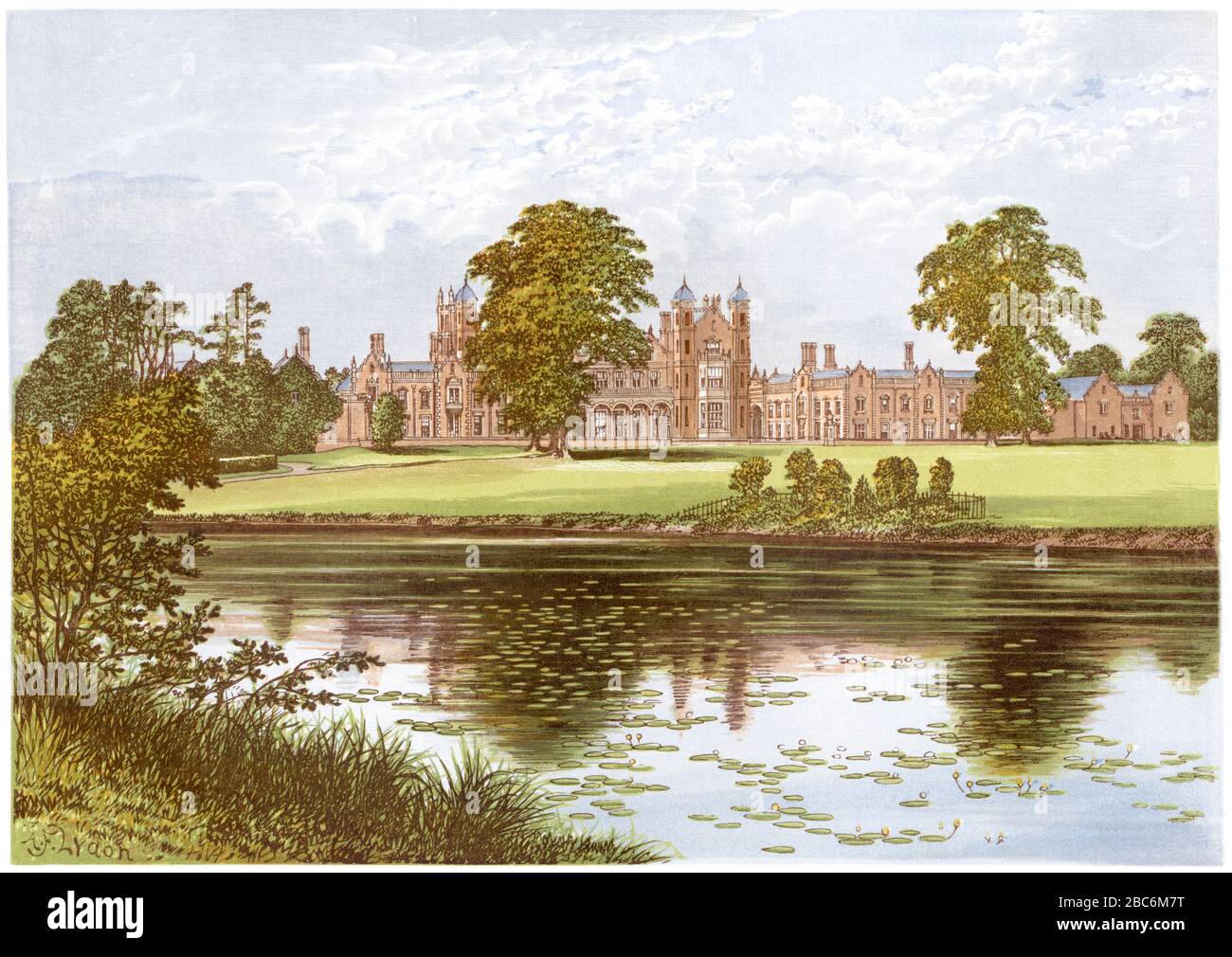 Una ilustración coloreada de Capesthorne Hall cerca de Siddington, Cheshire escaneó a alta resolución de un libro impreso en 1870. Cree que es libre de derechos de autor. Foto de stock