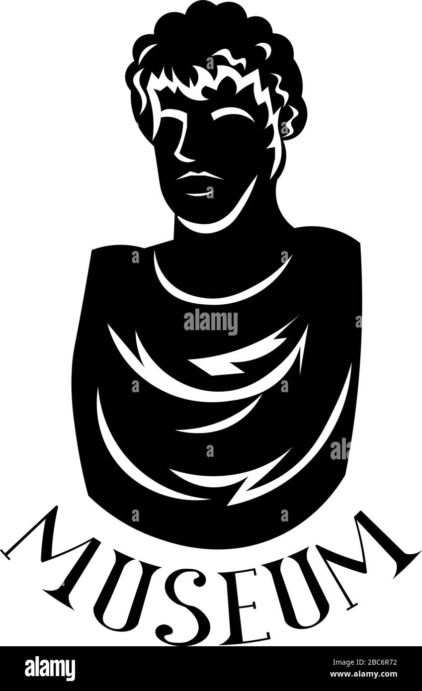 Museo. Logotipo minimalista en blanco y negro. Estatua y letras. Escultura, busto. Ilustración del Vector