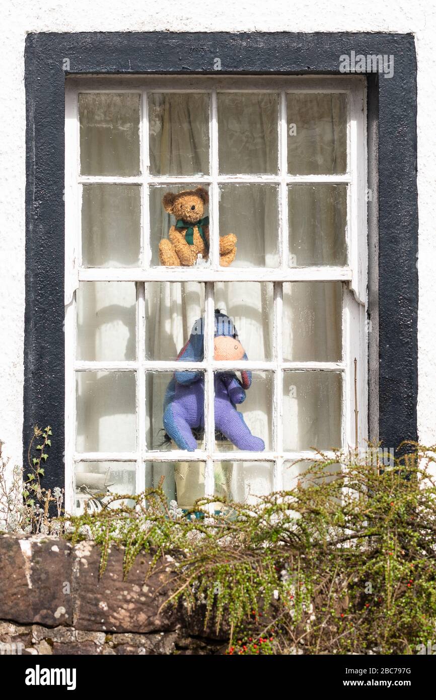 Osito de peluche en una ventana como parte de la caza de osos para niños en un pueblo de Stirlingshire durante la pandemia del coronavirus Foto de stock