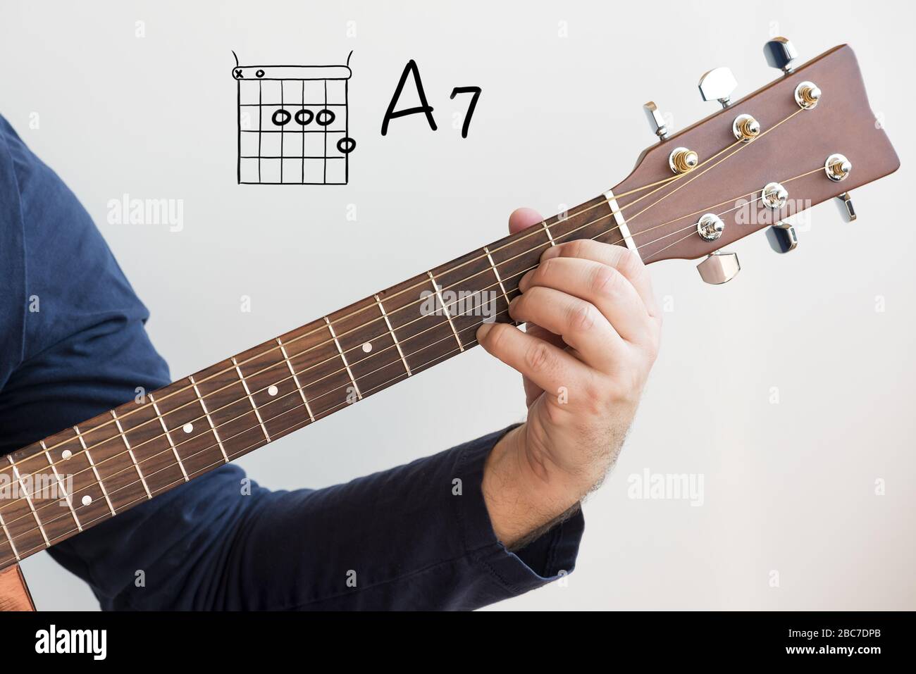 Learn Guitar - Hombre en una camisa azul oscuro tocando acordes de guitarra  mostrados en la pizarra blanca, Chord A 7 Fotografía de stock - Alamy