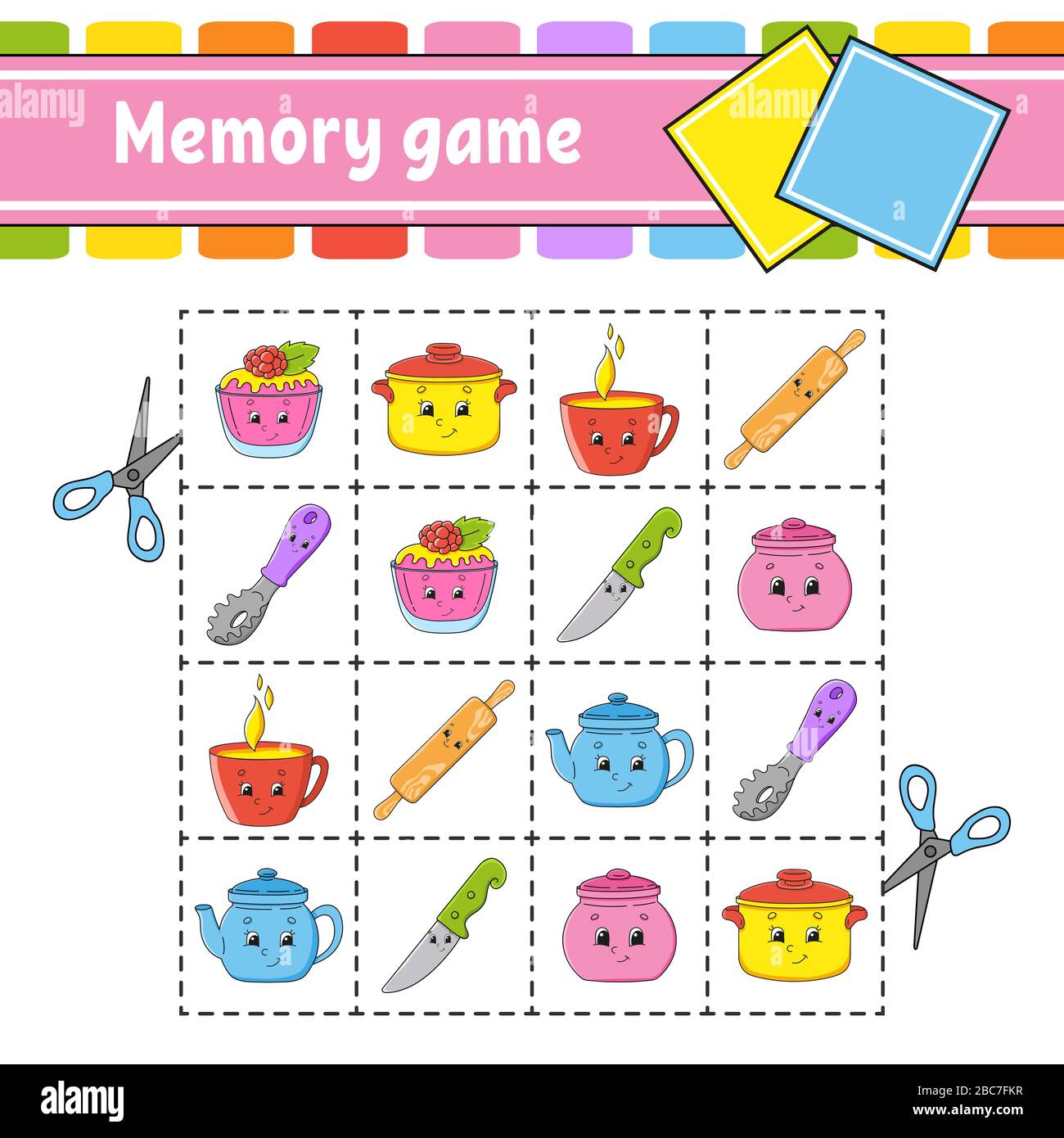 Juego de memoria para niños. Hoja de trabajo de desarrollo de educación. Página de actividad con imágenes. Juego de rompecabezas para niños. Formación de pensamiento lógico. vecto aislado Imagen de stock -