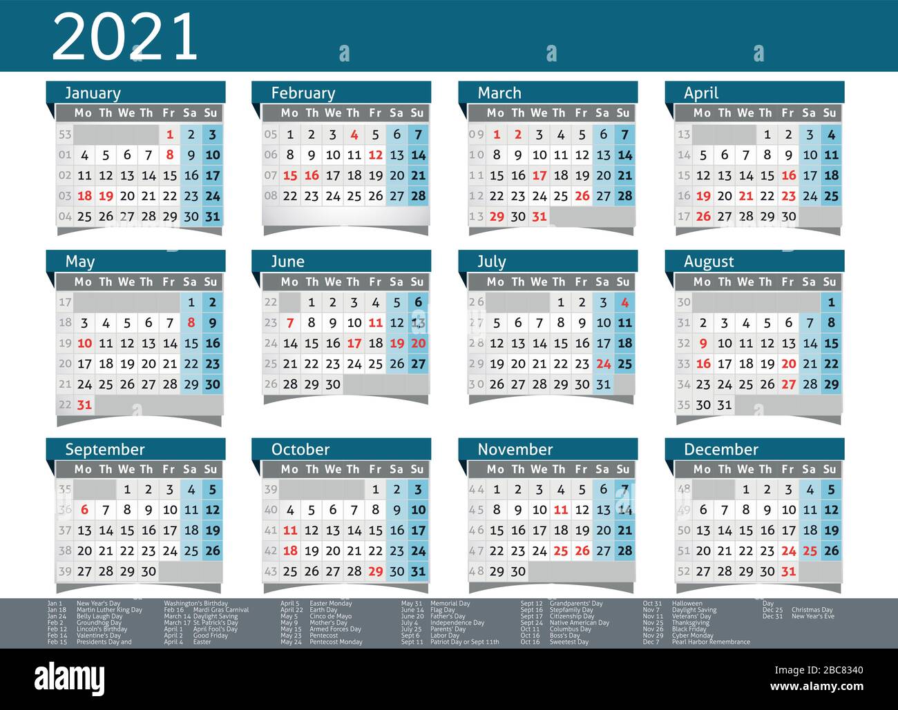 Calendario 2021 Eeuu Planificador De Bolsillo Año De Negocio Vector 