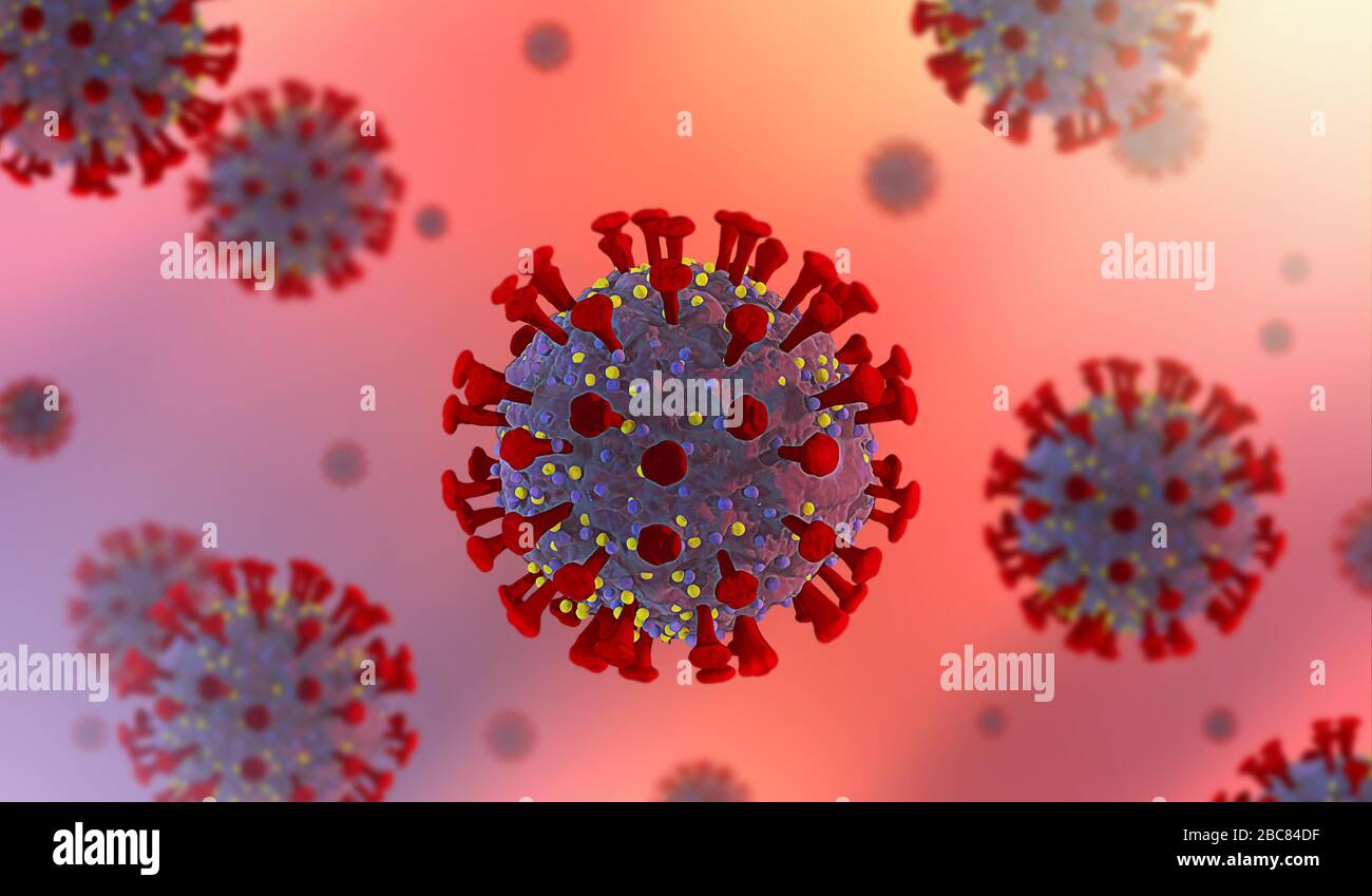 Coronavirus Sars síndrome respiratorio macro imagen COVID-19, presentación 3d. Foto de stock