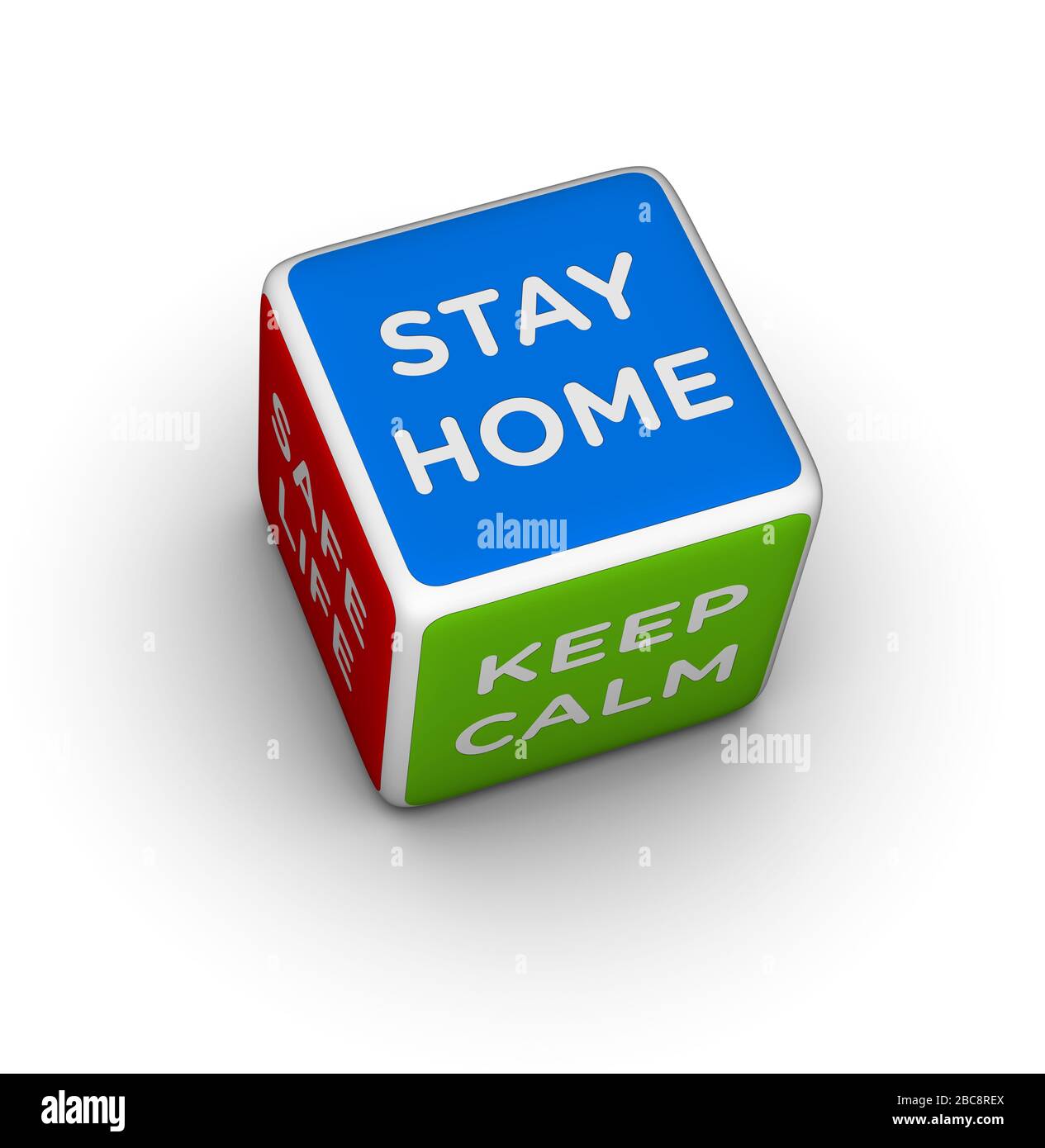 Cueste con señales de "Stay Home", "Keep Calm and Safe Life". Imagen 3D sobre fondo blanco. Foto de stock