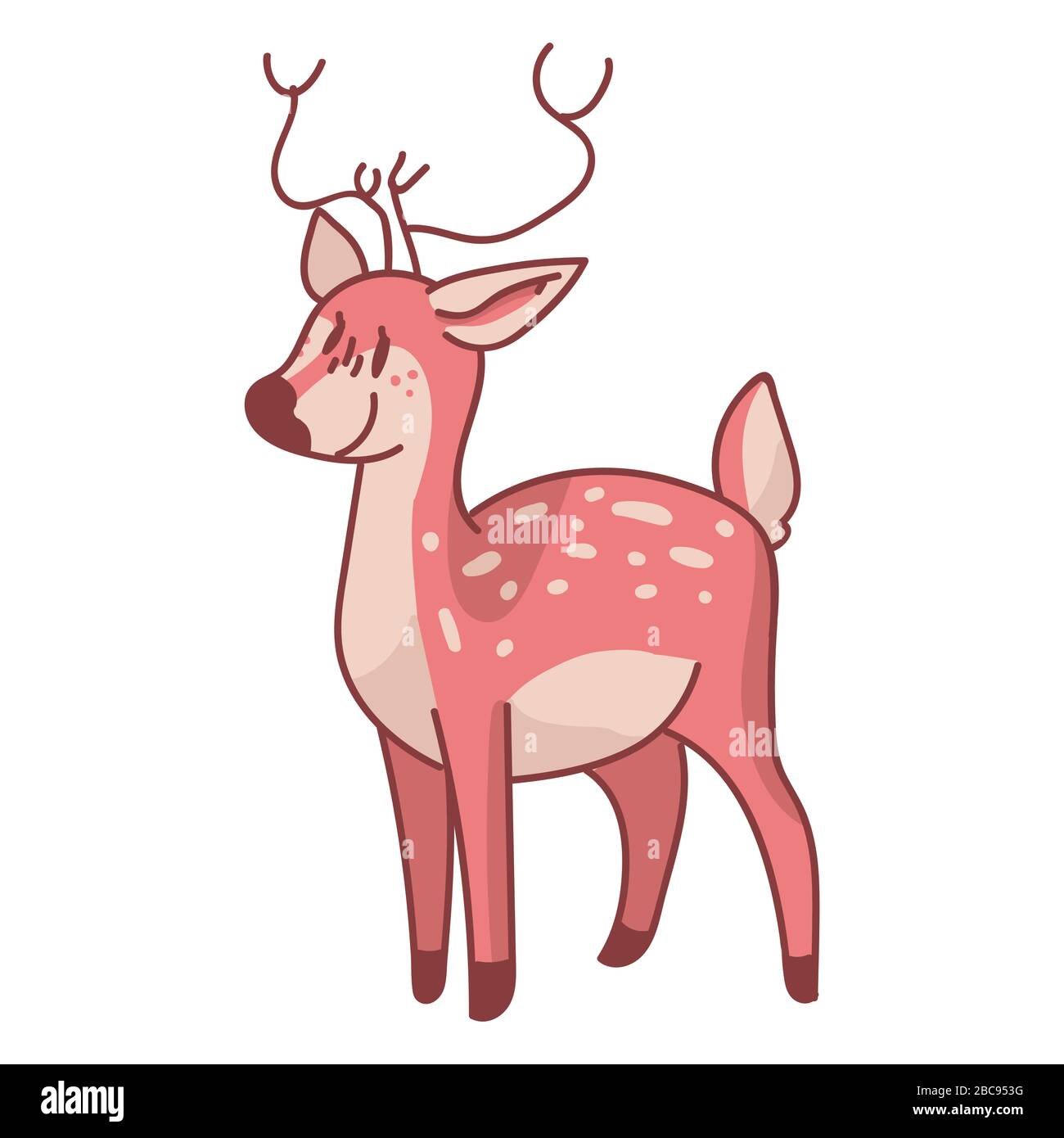 Dibujo de animal de ciervo estilizado de dibujos animados de kawaii rosa.  Cute girly doe con cuernos. Estilo de fideos dibujados a mano infantil.  Para decoración infantil de ciervos Imagen Vector de
